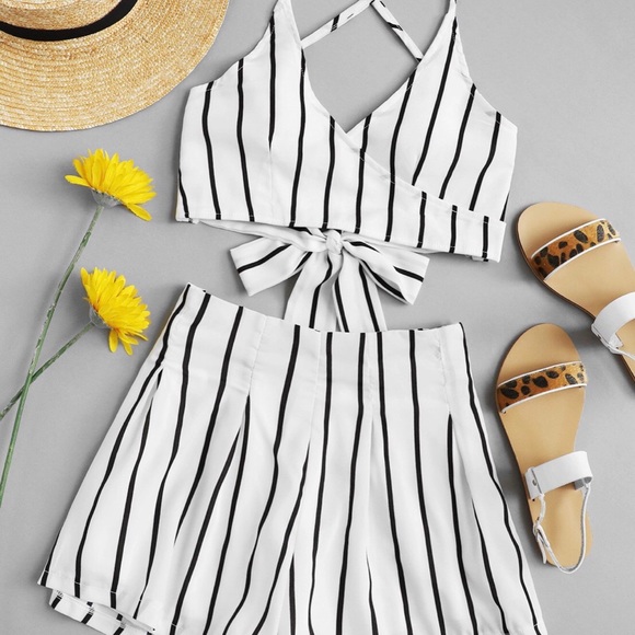 Pants - ~HP~ Stripe bow tie crop top and shorts